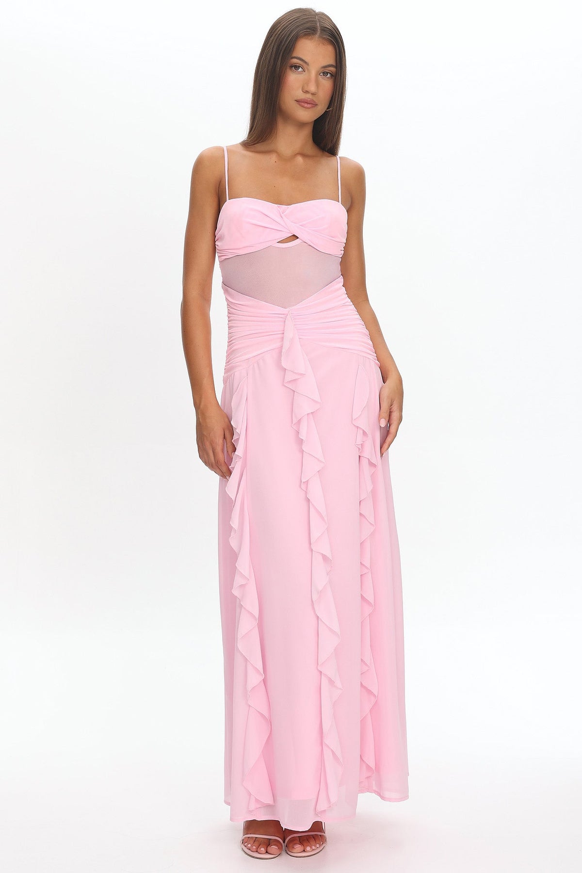Janella Twist Bust Ruffle Maxi Dress Pink