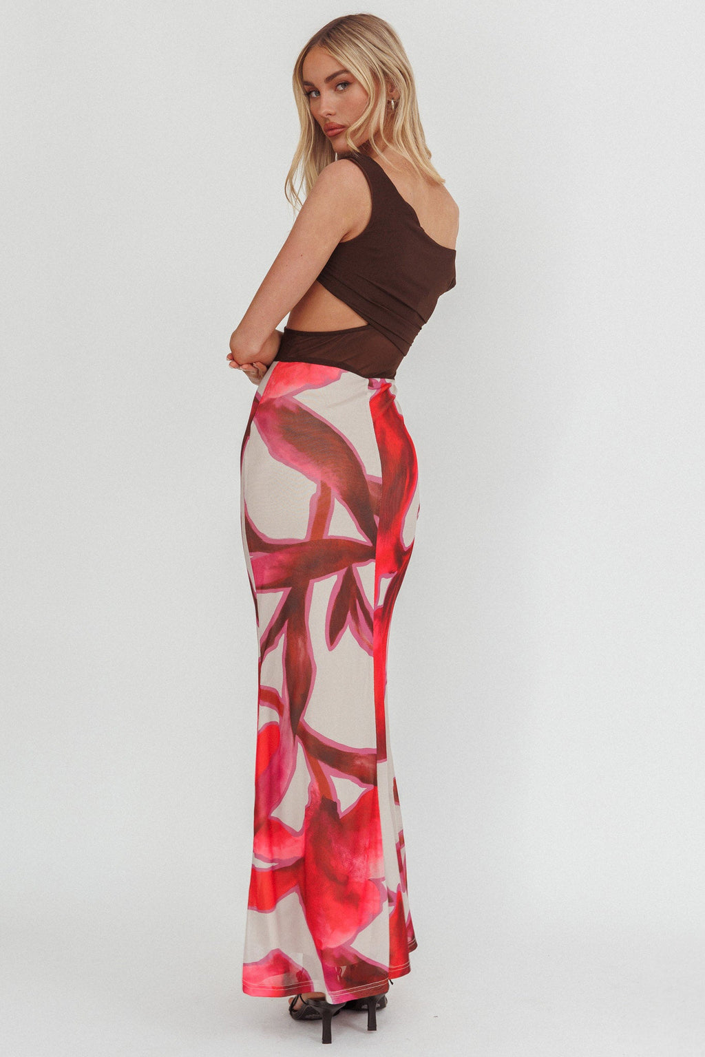 In Blooms Mesh Bodice Maxi Dress Print Chocolate