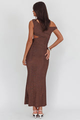 In Blooms Asymmetric Neckline Maxi Dress Shimmer Chocolate