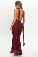 Cipriana Backless Halter Maxi Dress Embellished Wine