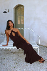 Dulce Dreams Halterneck Frill Maxi Dress Chocolate