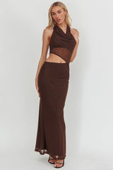 Playing Games Cut-Out Cowl Halter Dress Chocolate