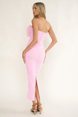 She Just Knows Ruched Flower Bust Maxi Dress Pink