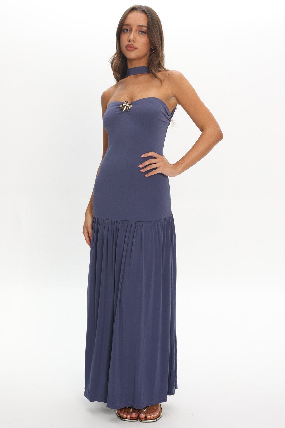 Ashana Drop Waist Halter Maxi Dress Taupe