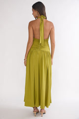 Nightbloom Ruched Waist Halter Maxi Dress Olive