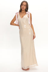 Bellamira Bow Shoulder Maxi Dress Sequin Champagne