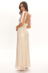 Bellamira Bow Shoulder Maxi Dress Sequin Champagne