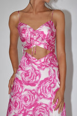 Twin Flame Drawstring Bust Midi Dress Floral Pink