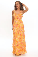 Alba Frill Trim Maxi Dress Abstract Orange