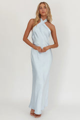 Italia Azure Crossover Halterneck Maxi Dress Ice Blue