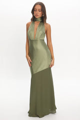 Italia Azure Halterneck Sheer Hem Maxi Dress Olive