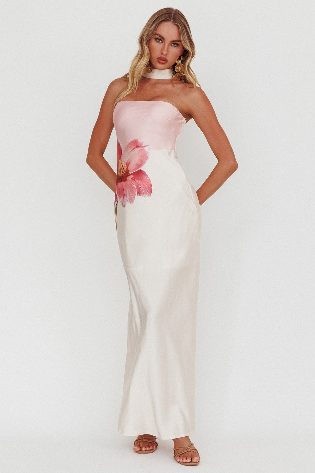 Damsel Reverse Halter Maxi Dress Flower Pink