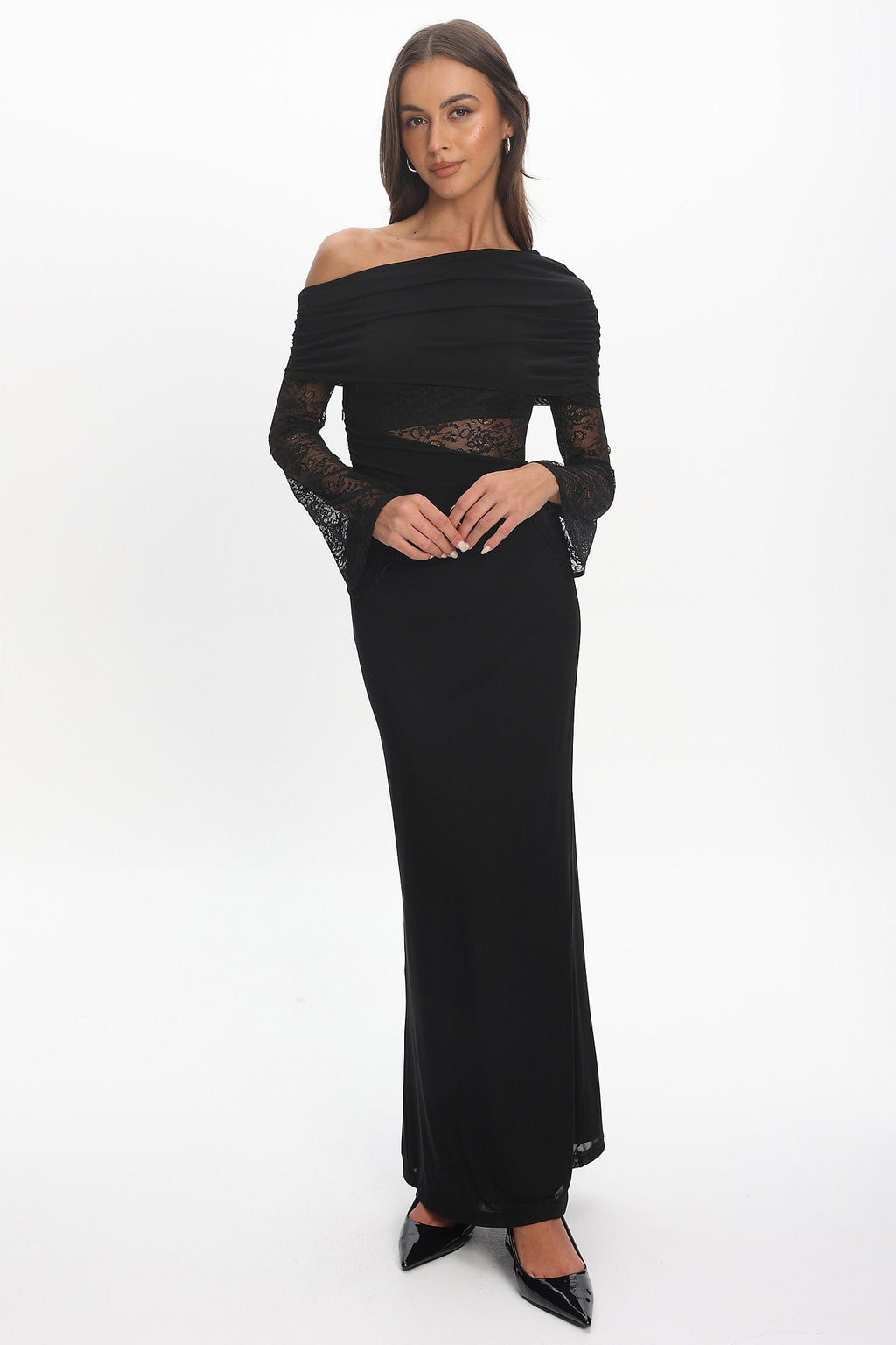 Alivya Asymmetric Neckline Lace Trim Maxi Dress Black