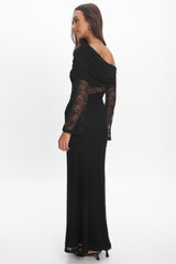 Alivya Asymmetric Neckline Lace Trim Maxi Dress Black