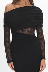 Alivya Asymmetric Neckline Lace Trim Maxi Dress Black
