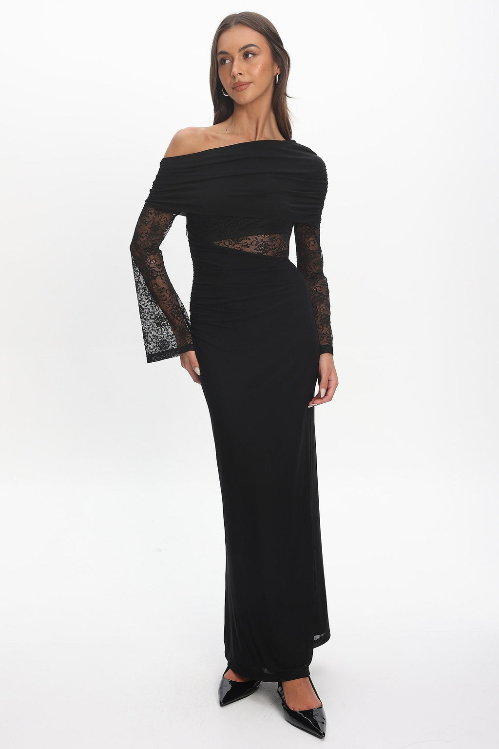 Alivya Asymmetric Neckline Lace Trim Maxi Dress Black