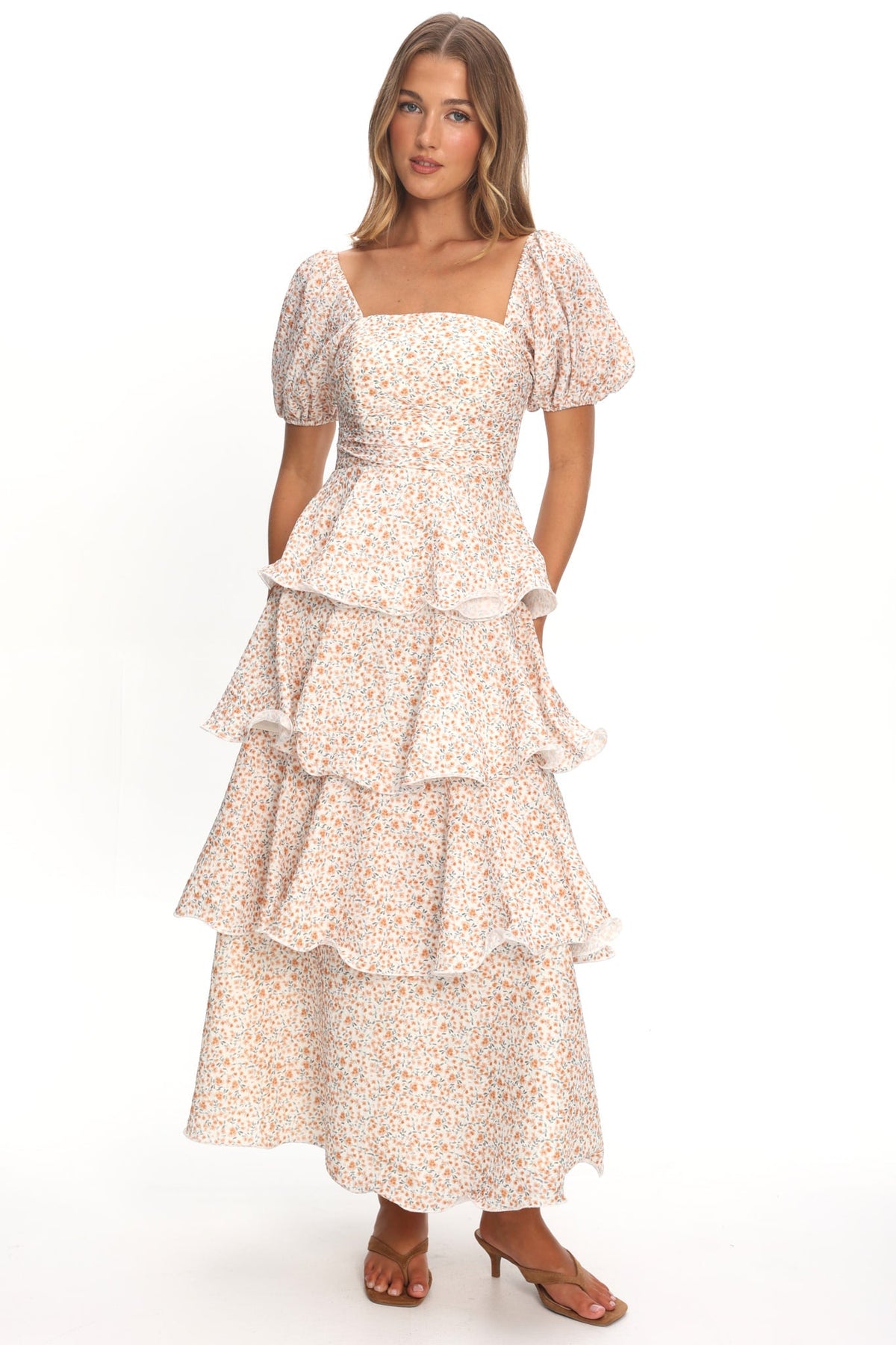 Giavana Puff Sleeve Layered Maxi Dress Orange