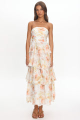 Giavana Strapless Layered Midi Dress Floral Beige