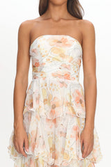 Giavana Strapless Layered Midi Dress Floral Beige