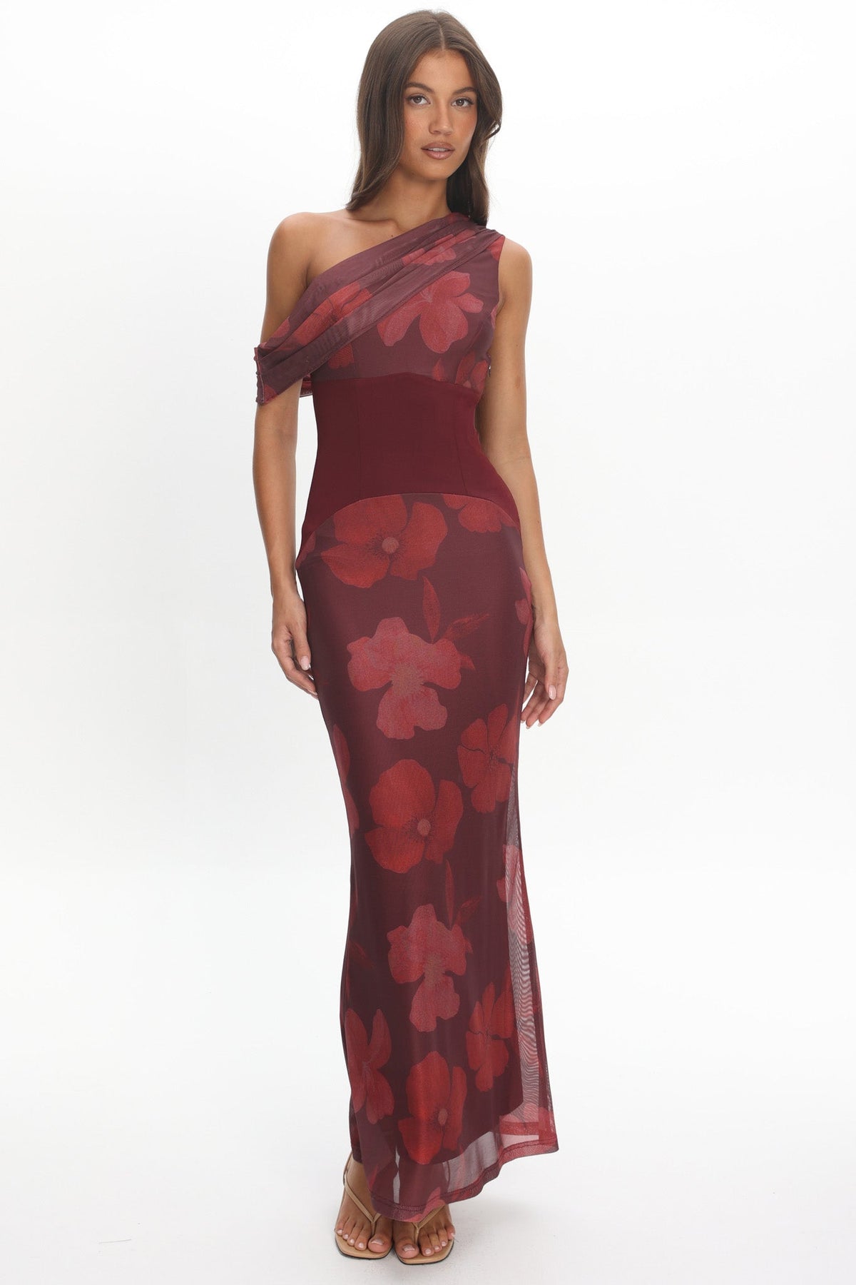 Milos Asymmetric Neckline Maxi Dress Floral Grape