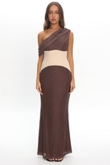 Milos Asymmetric Neckline Maxi Dress Chocolate Dot