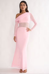 Milos Asymmetric Neckline Long Sleeve Maxi Dress Pink