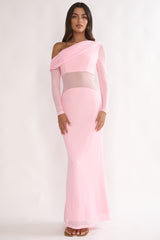 Milos Asymmetric Neckline Long Sleeve Maxi Dress Pink