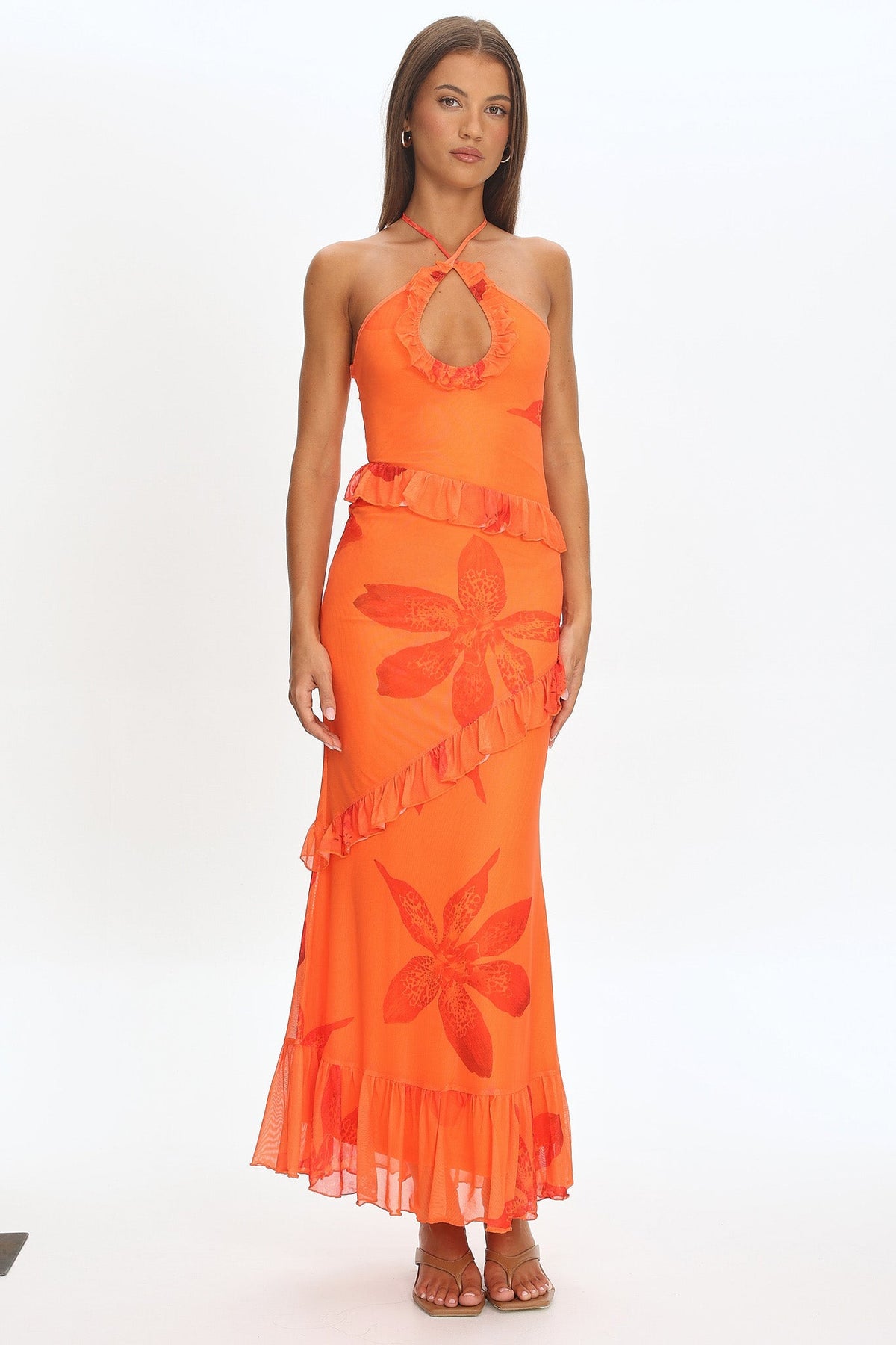 Clemence Mesh Overlay Frill Trim Maxi Dress Floral Orange