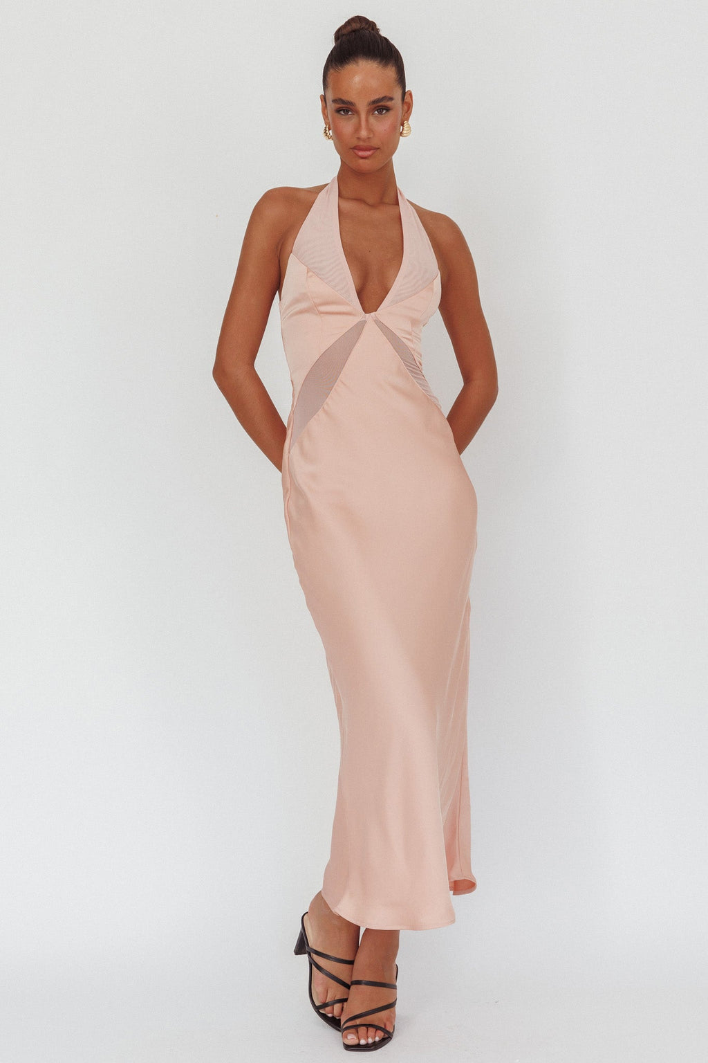 Kasi Sheer Panel Halter Maxi Dress Rose