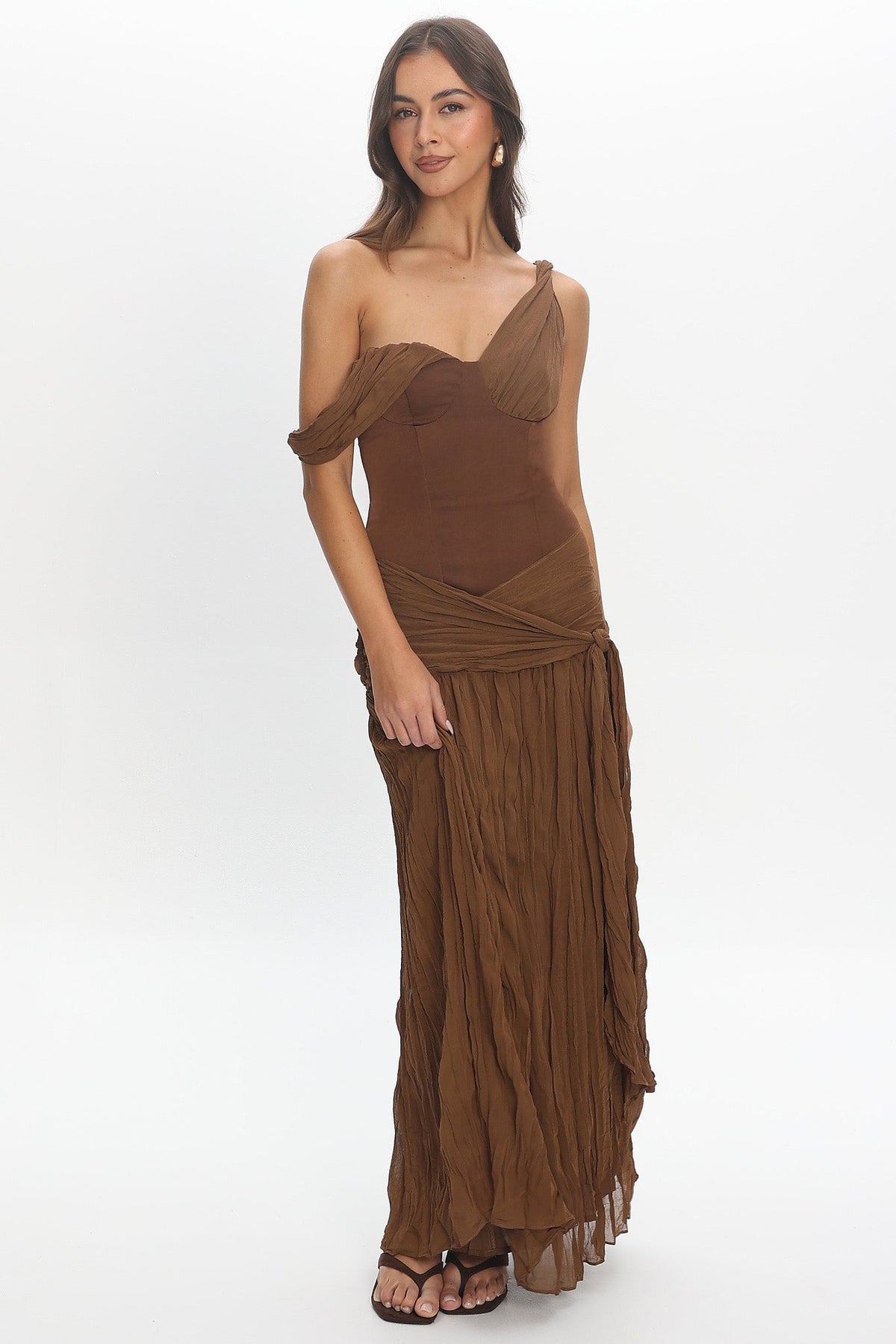 Keia Crepe Chiffon One-Shoulder Maxi Dress Chocolate