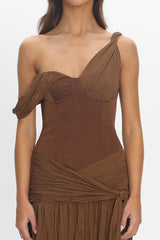 Keia Crepe Chiffon One-Shoulder Maxi Dress Chocolate