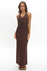 Mixed Feelings Ruched Bodice Halter Maxi Dress Chocolate