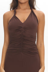 Mixed Feelings Ruched Bodice Halter Maxi Dress Chocolate