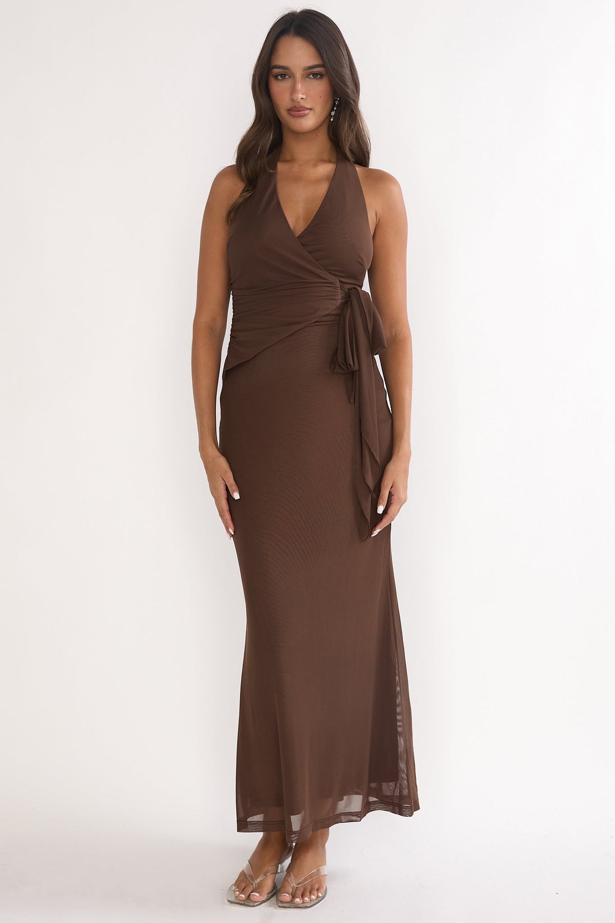 Halo Moon Wrap Front Halter Maxi Dress Chocolate
