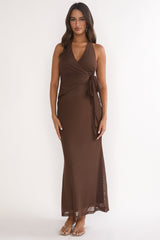 Halo Moon Wrap Front Halter Maxi Dress Chocolate