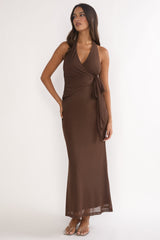 Halo Moon Wrap Front Halter Maxi Dress Chocolate