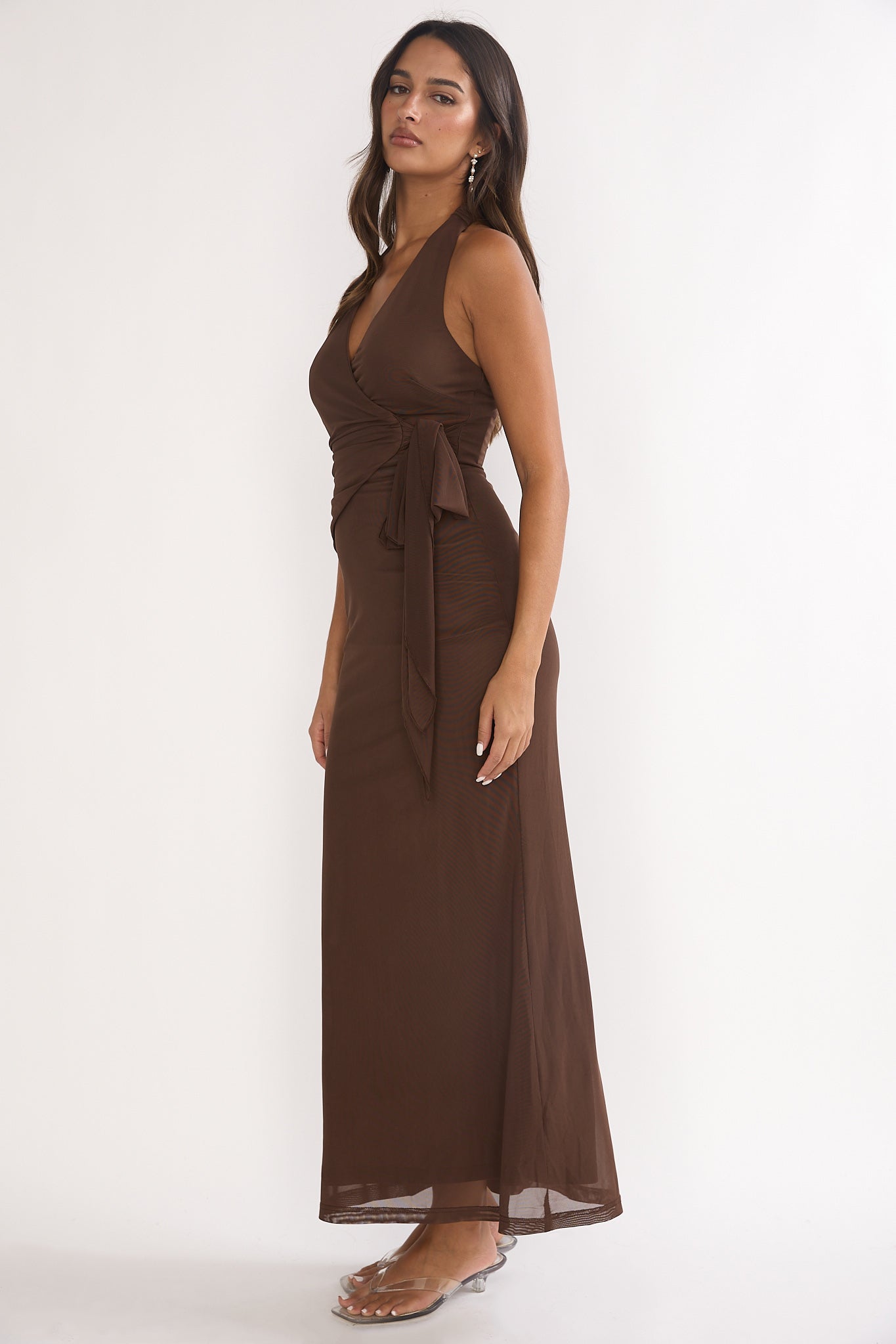 Halo Moon Wrap Front Halter Maxi Dress Chocolate
