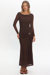 Lyssia Cowl Neck Waist Sash Maxi Dress Chocolate