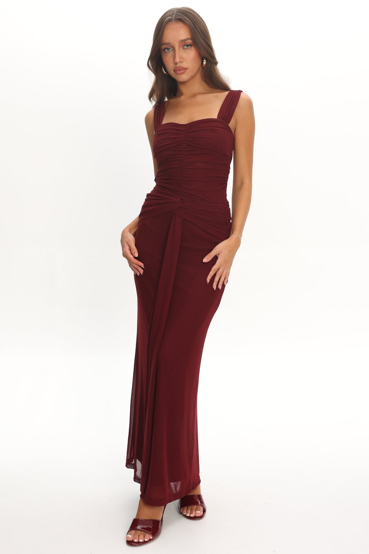 Emara Ruched Waist Sash Maxi Dress Burgundy