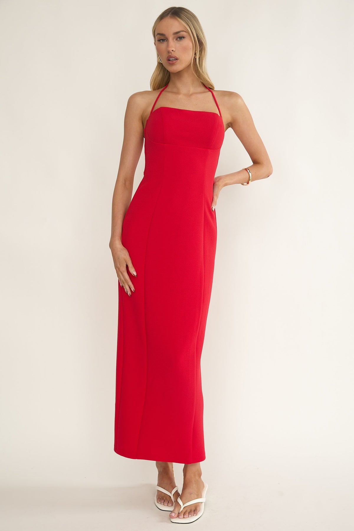 Chez Halterneck Textured Maxi Dress Red