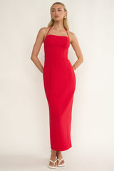 Chez Halterneck Textured Maxi Dress Red