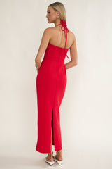 Chez Halterneck Textured Maxi Dress Red