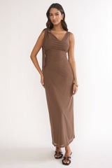 Cavelle Tie Shoulder Mesh Maxi Dress Chocolate