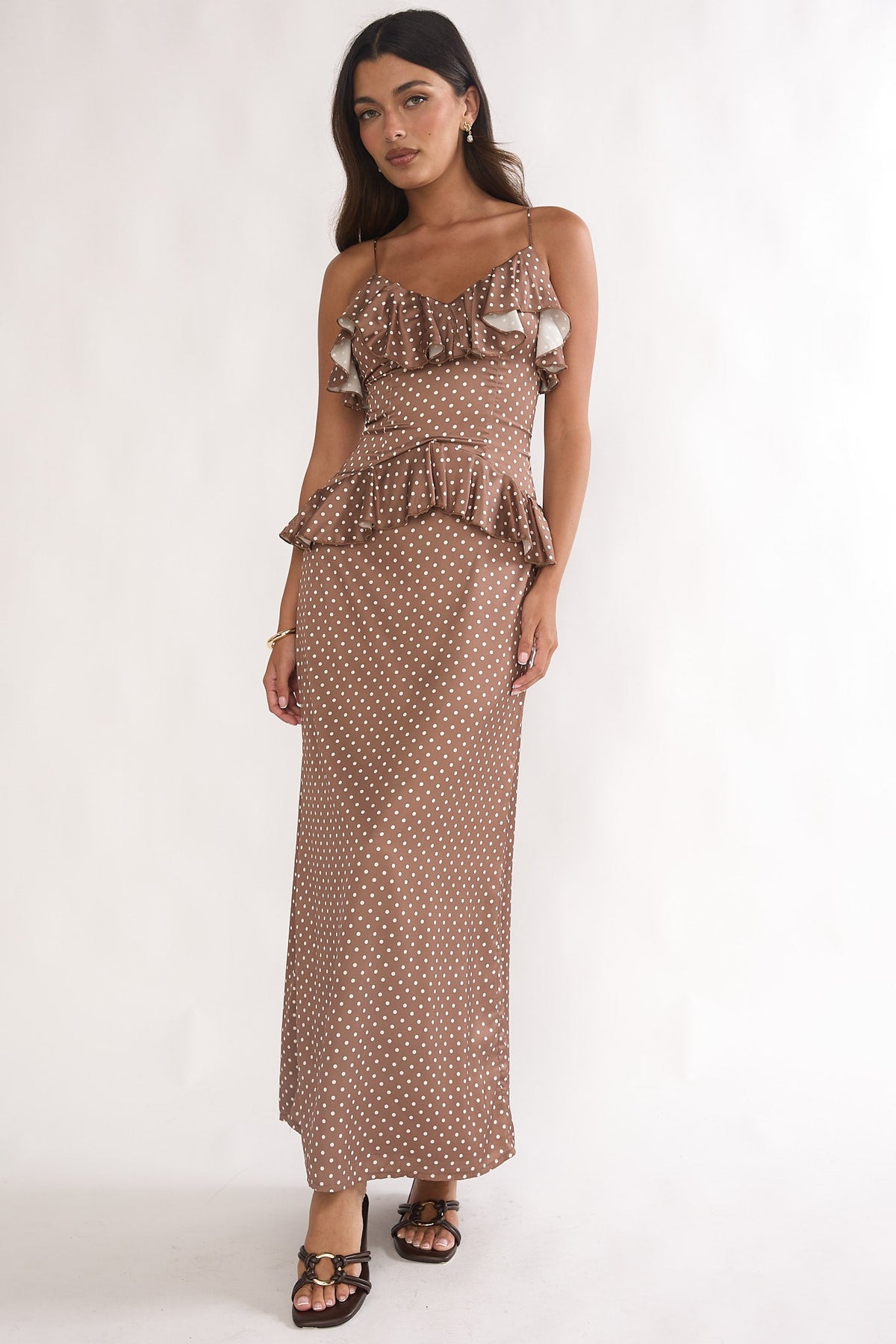 Tahlie Ruffle Trim Maxi Dress Polka Dot Mocha