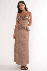 Tahlie Ruffle Trim Maxi Dress Polka Dot Mocha