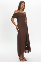 Millitah Asymmetric Hem Mesh Maxi Dress Chocolate