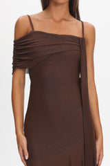 Millitah Asymmetric Hem Mesh Maxi Dress Chocolate