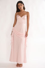 Rivena Rosette Chiffon Drape Maxi Dress Pink