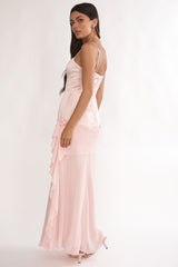 Rivena Rosette Chiffon Drape Maxi Dress Pink