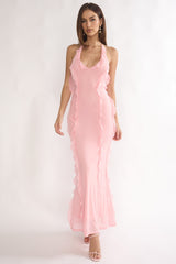 Collins Halter Ruffle Trim Maxi Dress Pink